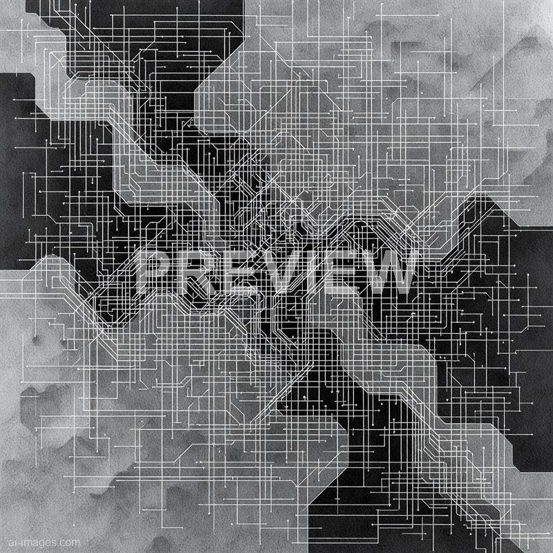 The image features an abstract, monochromatic watercolor background with varying shades of gray, creating a textured and layered appearance. Overlaid on this background is a detailed, white line drawing of a complex circuit or network diagram, with interconnected lines, nodes, and pathways that give a sense of intricate technological design.